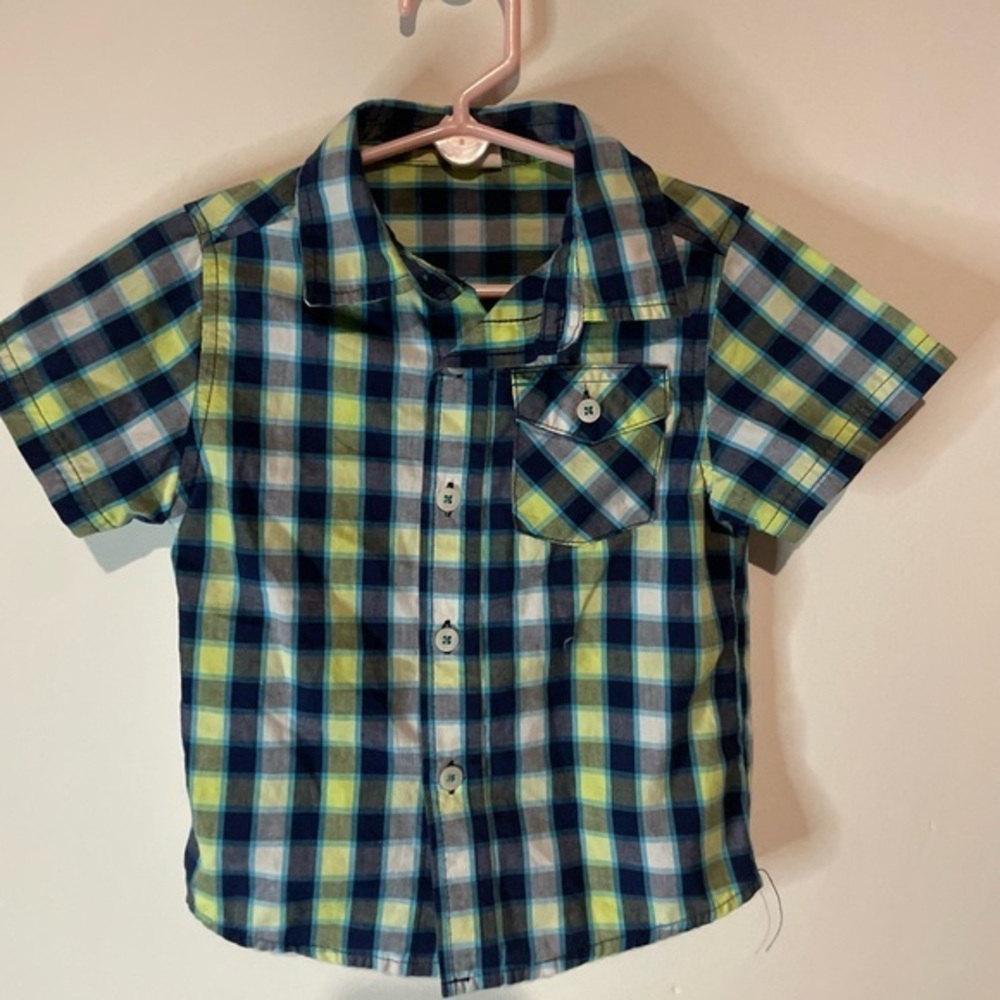 Healthtex Toddler Boy Size 3T Short Sleeve Button Up Plaid Shirt green‎ Blue